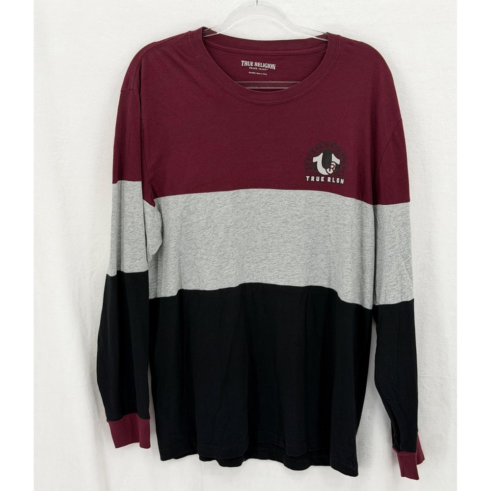 True Religion Shirt Mens‎ 2XL Color Block Long Sleeve Tee Red Heather Horseshoe